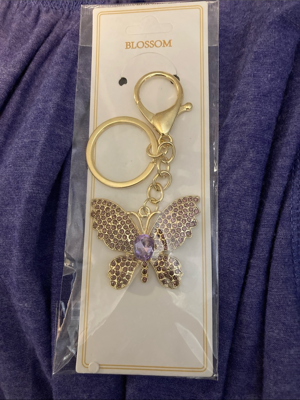 Blossom Gold-Tone Butterfly Keychain/bag charm with Purple Crystal Accent